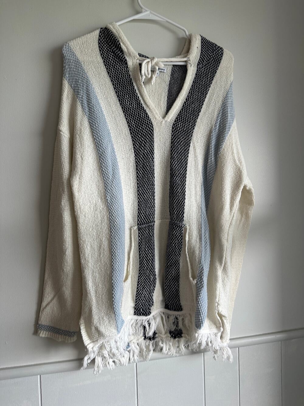 Sonoma Goods for Life Striped Baja Hoodie Knit Fringe Sweater Poncho Coat L